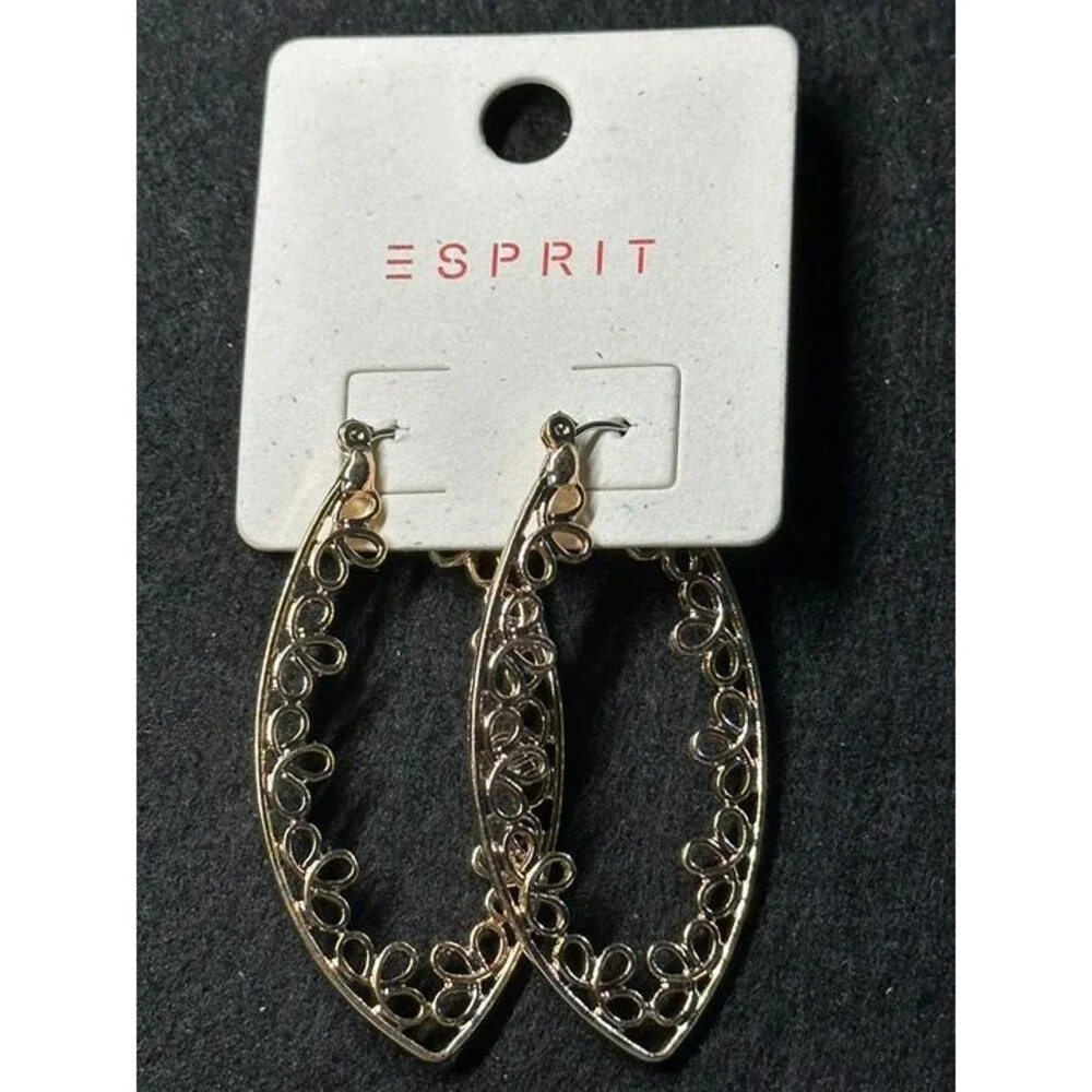 ESPRIT Gold Tone Filigree Teardrop Marquise Hoop Earrings Boho New Pair